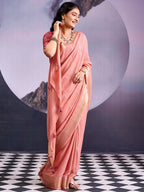 Charming Peach Striped Zari Woven Georgette Saree With Graceful Tassel Finish