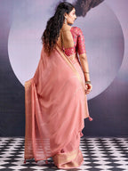 Charming Peach Striped Zari Woven Georgette Saree With Graceful Tassel Finish