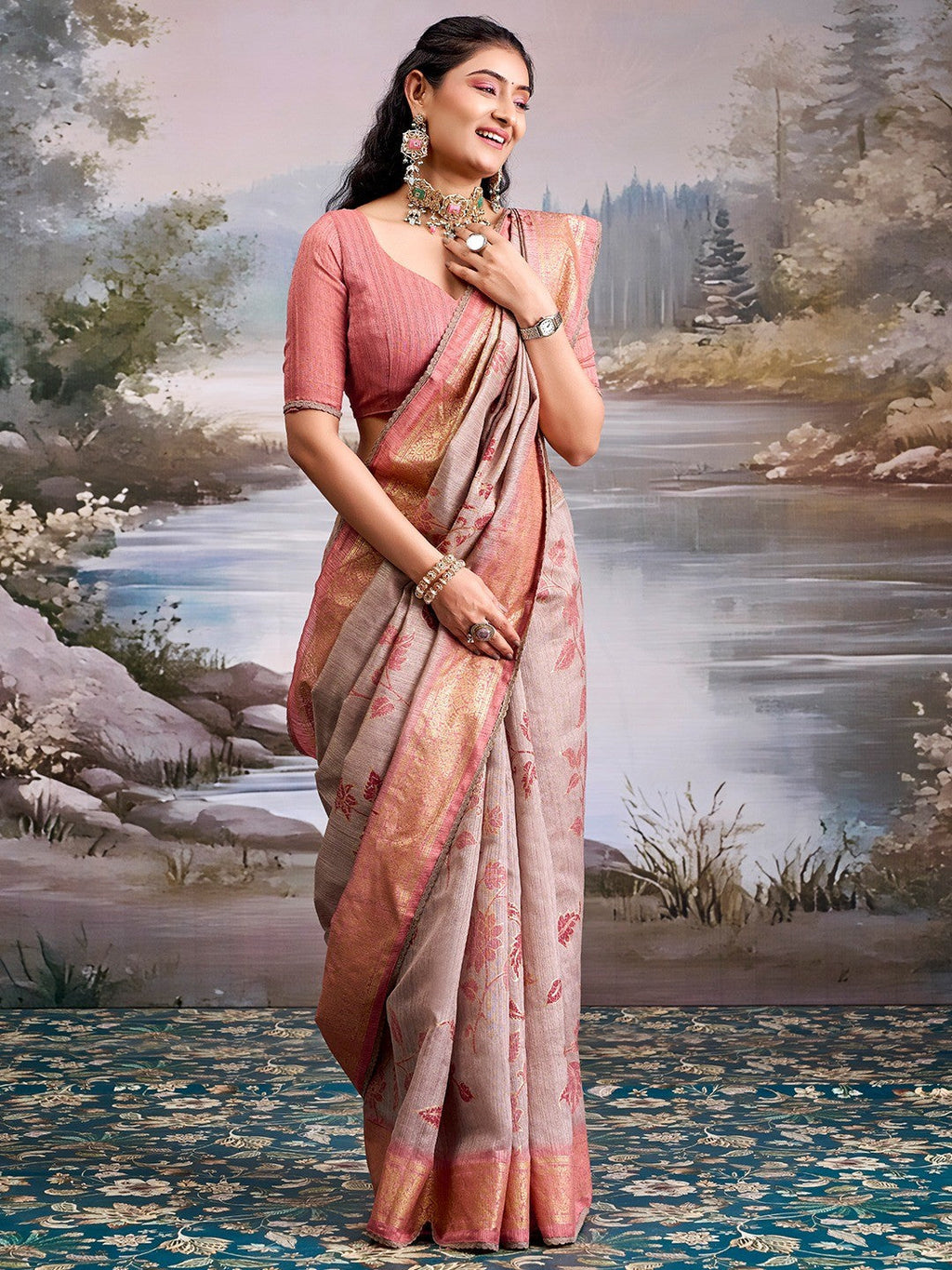 Beautiful Beige Cotton Silk Saree with Floral Elegance and Traditional Zari Border