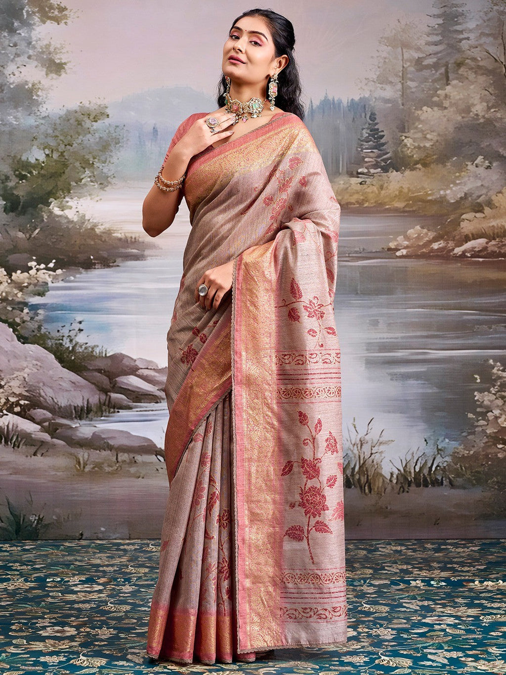 Beautiful Beige Cotton Silk Saree with Floral Elegance and Traditional Zari Border