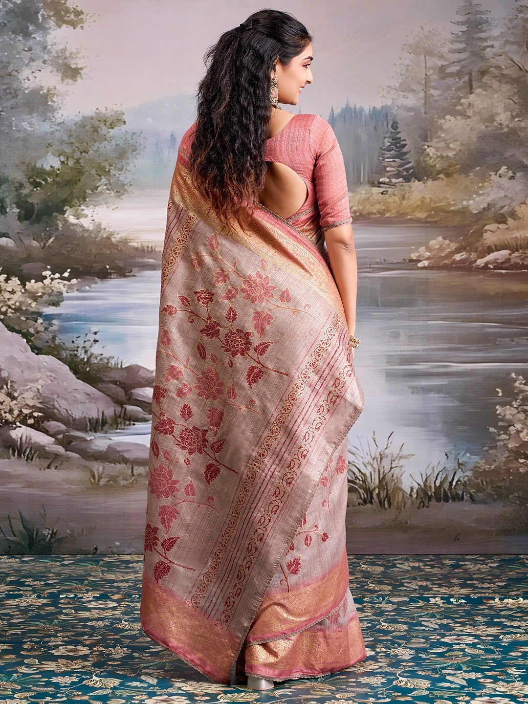 Beautiful Beige Cotton Silk Saree with Floral Elegance and Traditional Zari Border