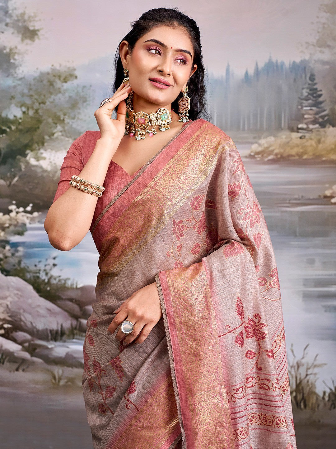 Beautiful Beige Cotton Silk Saree with Floral Elegance and Traditional Zari Border