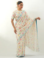 Stylish Cream Floral Print Georgette Saree Highlighted With Lace Border Finish
