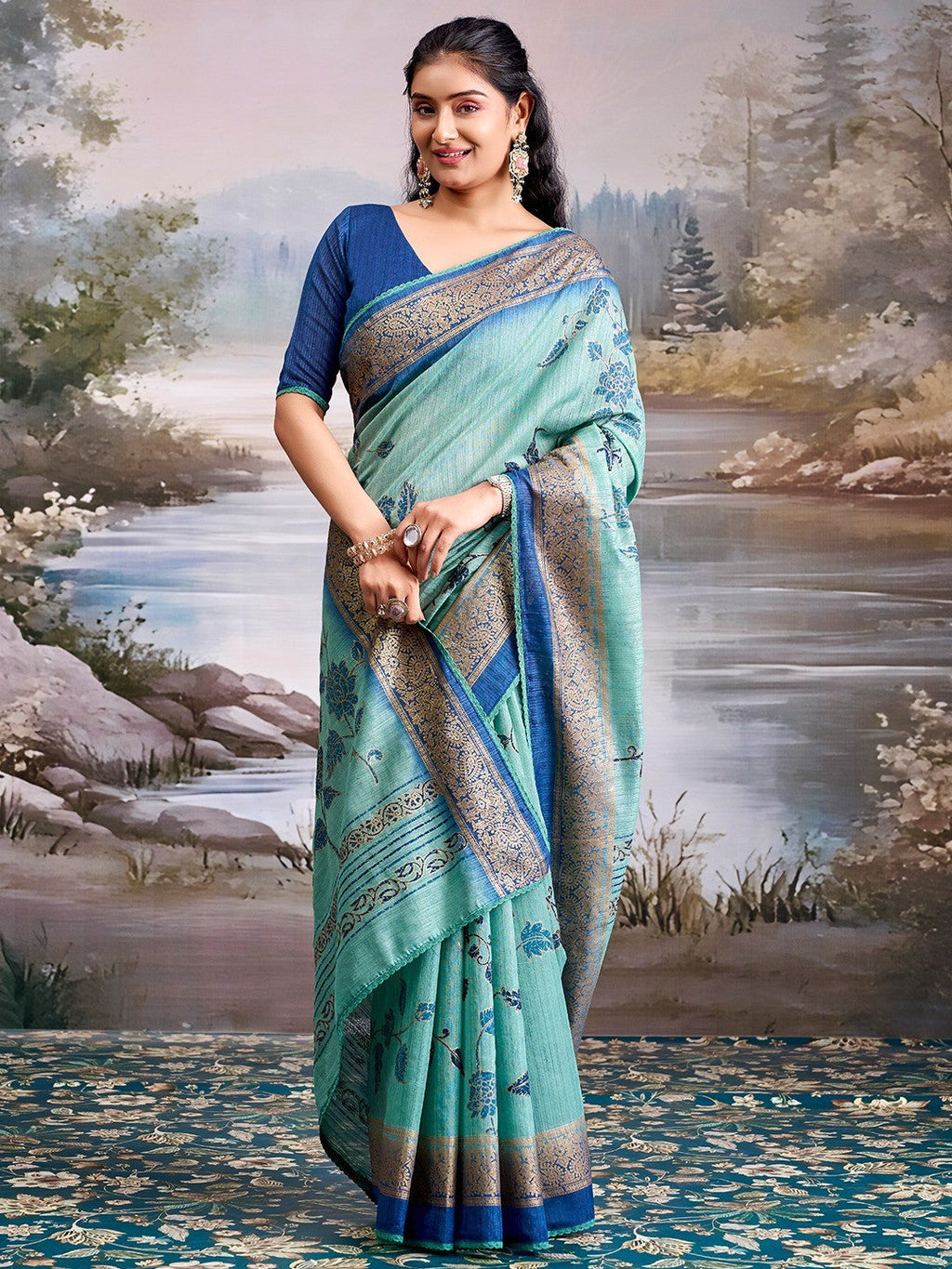 Beautiful Sea Green Cotton Silk Saree with Floral Elegance and Traditional Zari Border