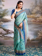 Beautiful Sea Green Cotton Silk Saree with Floral Elegance and Traditional Zari Border