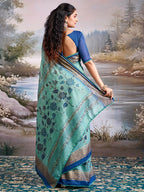 Beautiful Sea Green Cotton Silk Saree with Floral Elegance and Traditional Zari Border