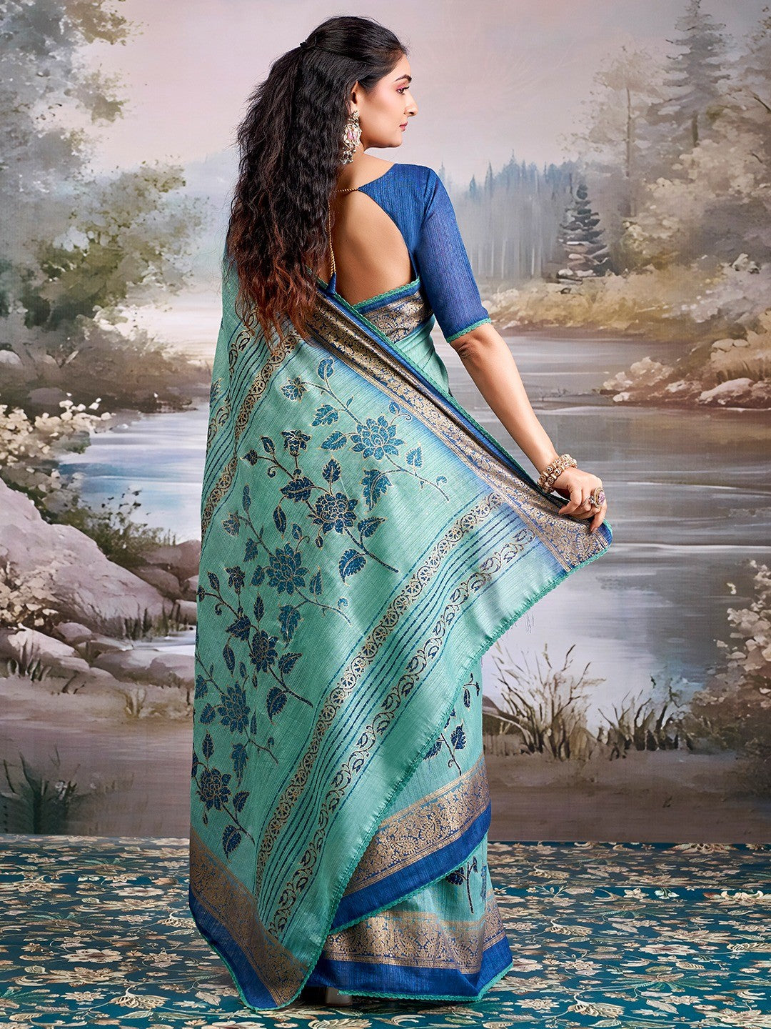 Beautiful Sea Green Cotton Silk Saree with Floral Elegance and Traditional Zari Border