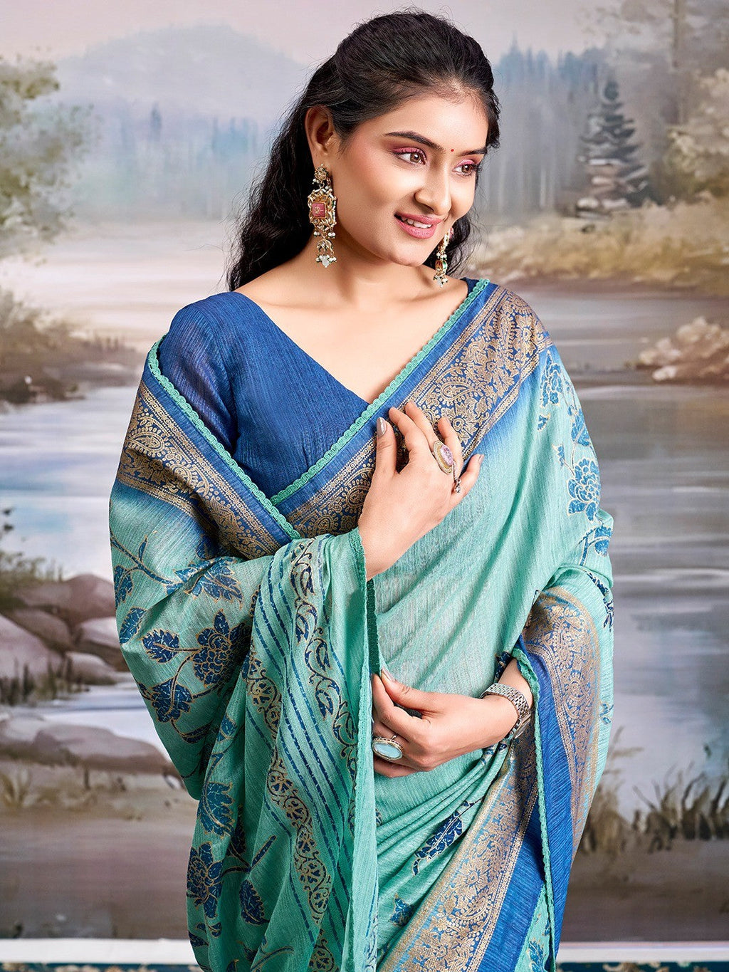 Beautiful Sea Green Cotton Silk Saree with Floral Elegance and Traditional Zari Border