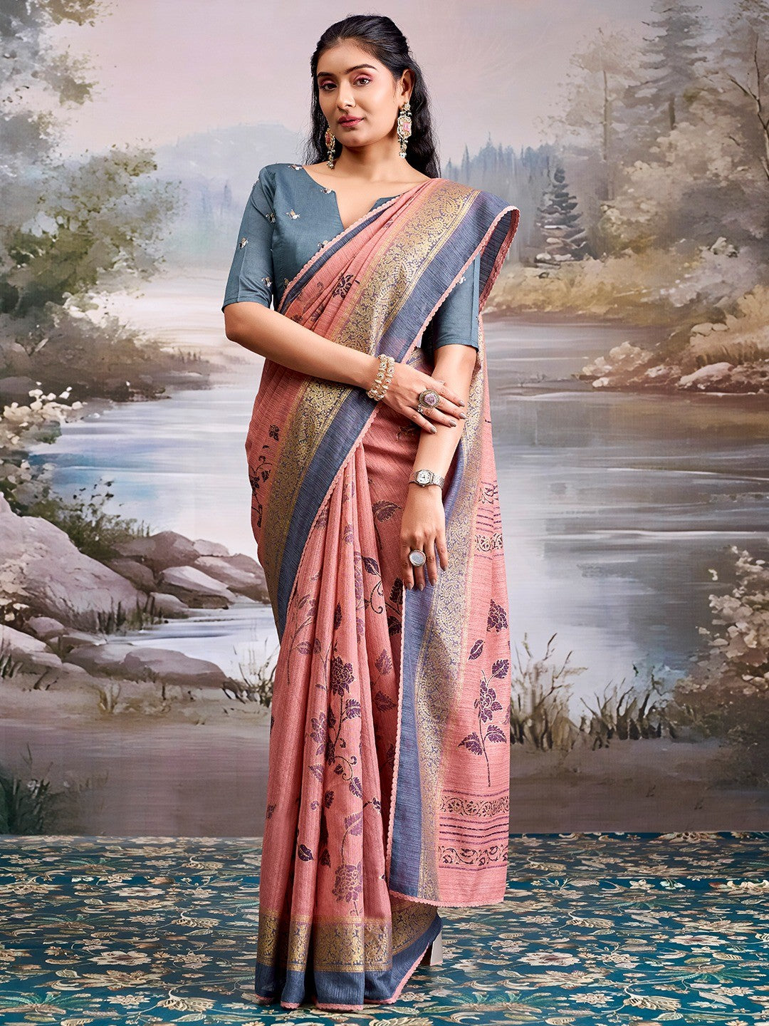 Beautiful Rose Pink Cotton Silk Saree with Floral Elegance and Traditional Zari Border