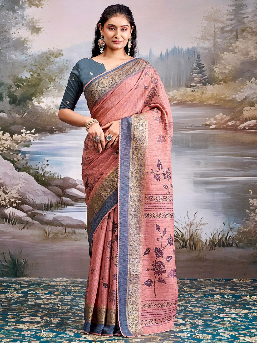Beautiful Rose Pink Cotton Silk Saree with Floral Elegance and Traditional Zari Border