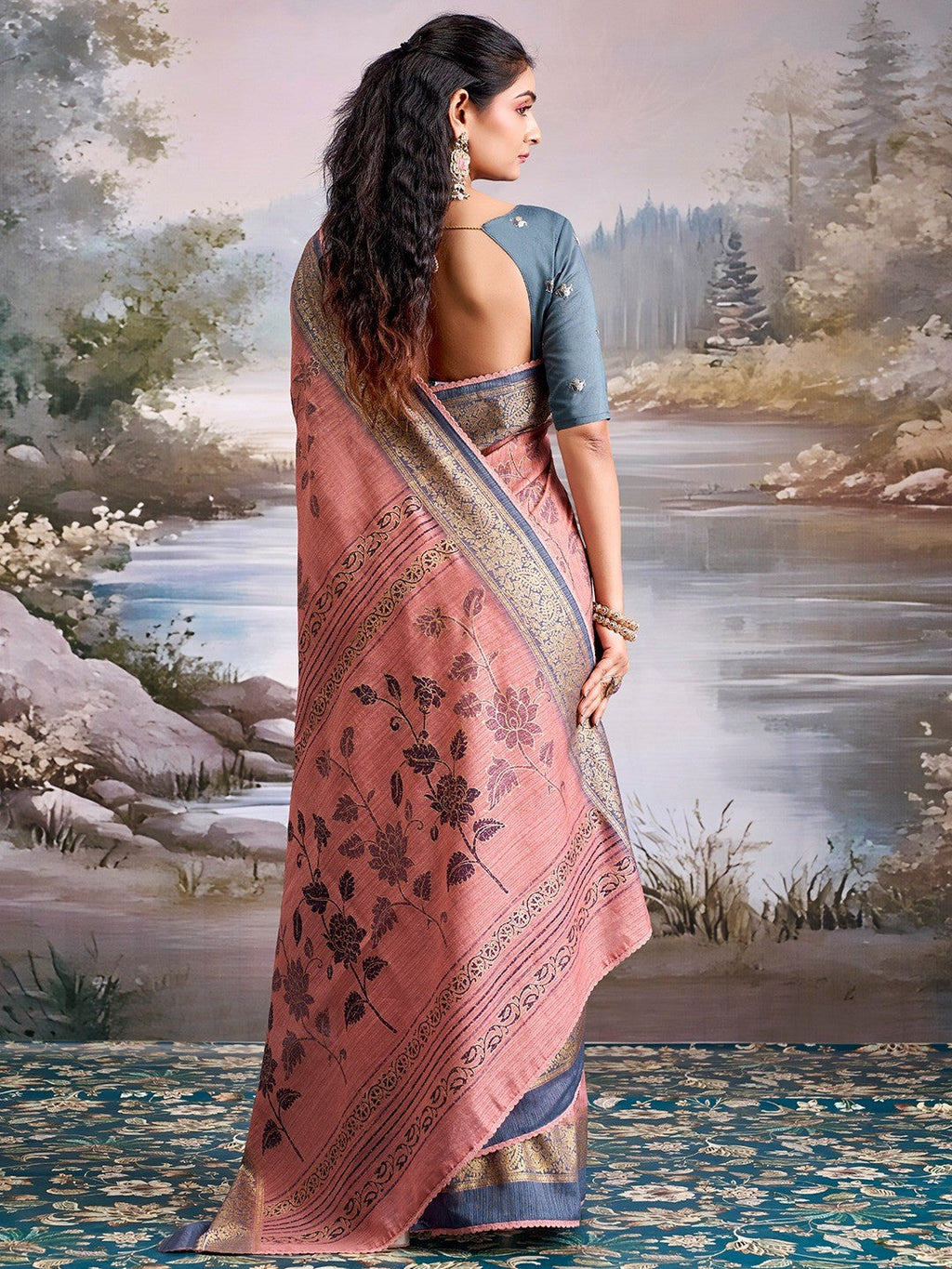Beautiful Rose Pink Cotton Silk Saree with Floral Elegance and Traditional Zari Border