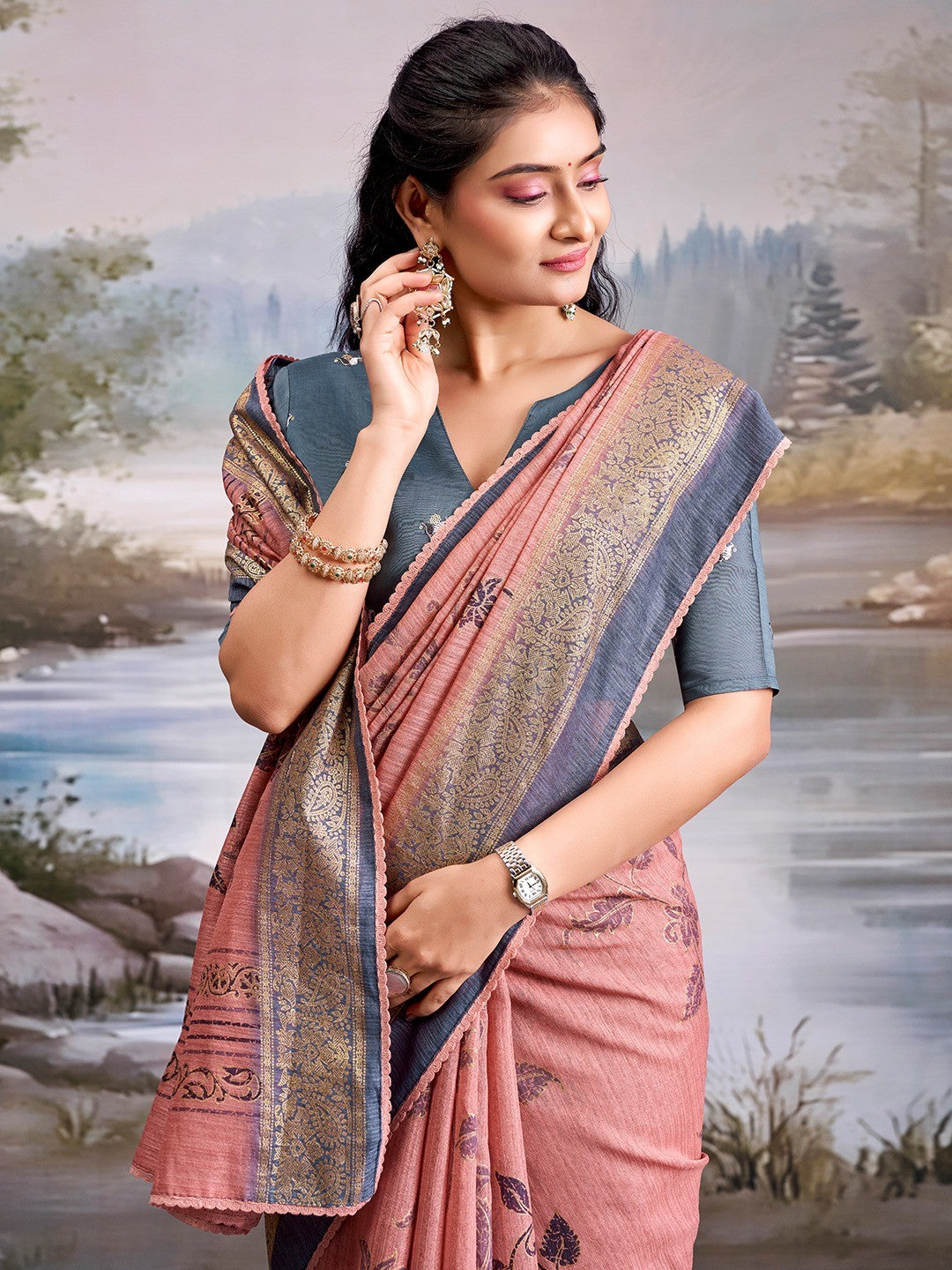 Beautiful Rose Pink Cotton Silk Saree with Floral Elegance and Traditional Zari Border