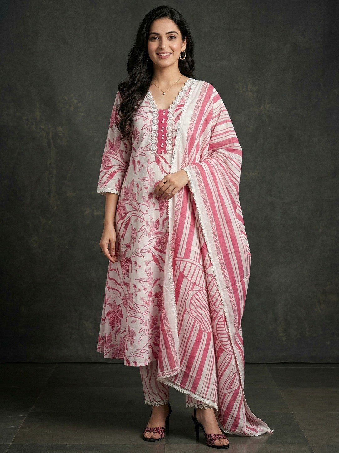 White & Pink Pure Cotton Salwar Suit with Floral Print and Straight Cut with Dupatta