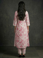 White & Pink Pure Cotton Salwar Suit with Floral Print and Straight Cut with Dupatta