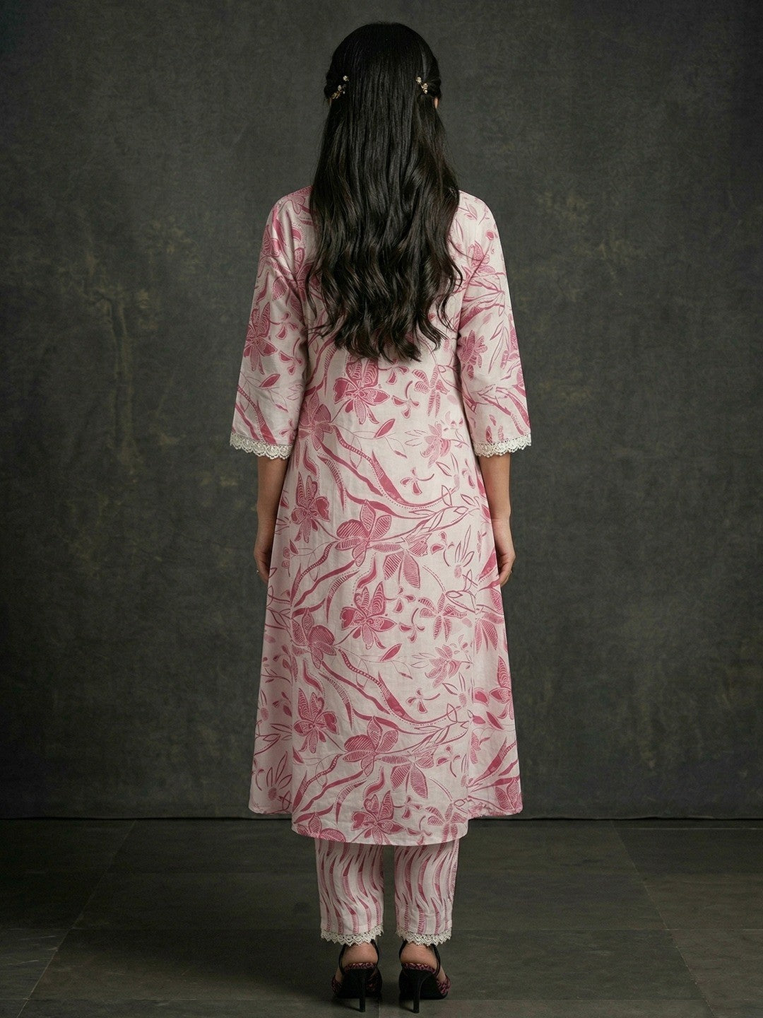 White & Pink Pure Cotton Salwar Suit with Floral Print and Straight Cut with Dupatta