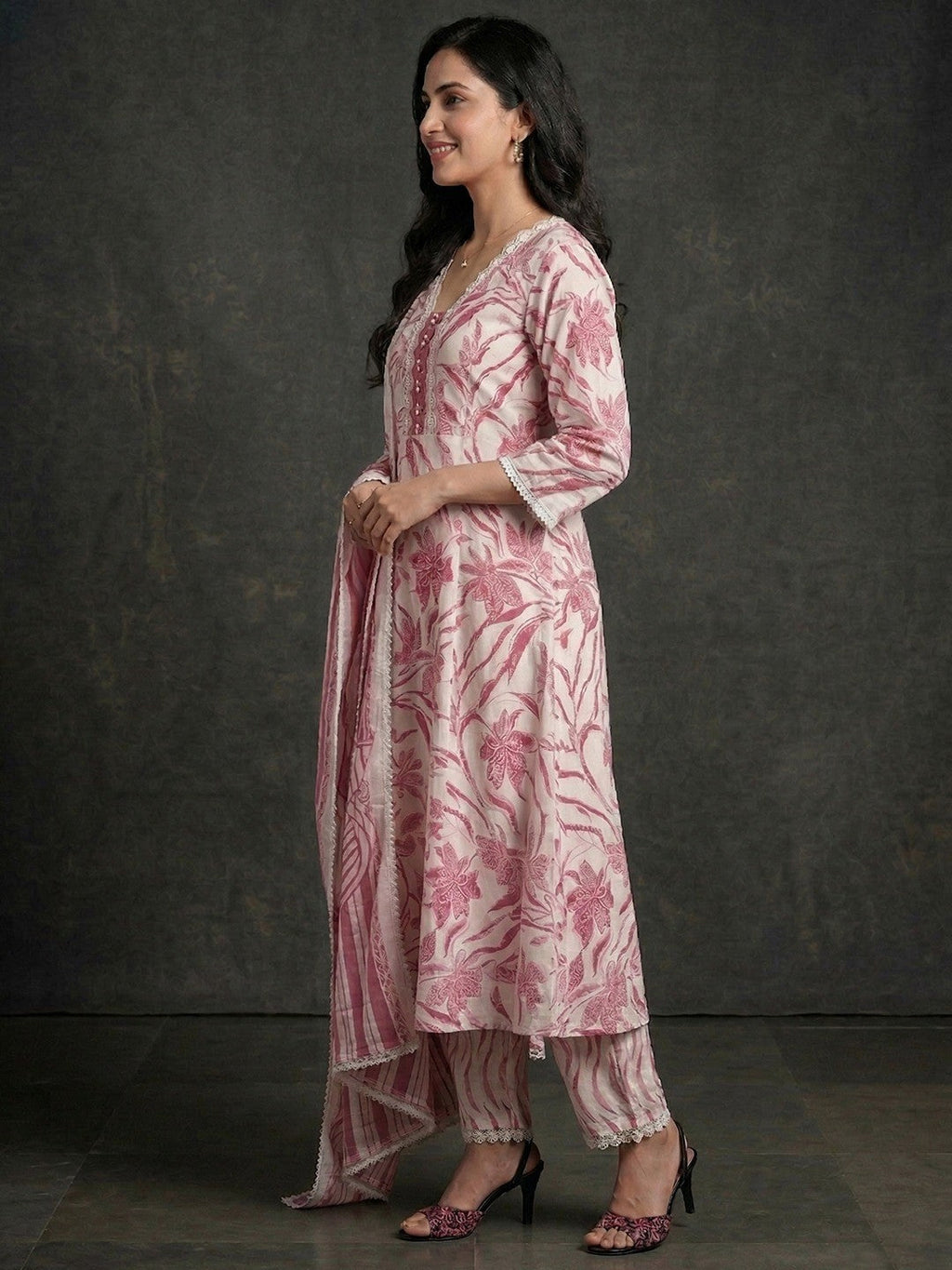 White & Pink Pure Cotton Salwar Suit with Floral Print and Straight Cut with Dupatta