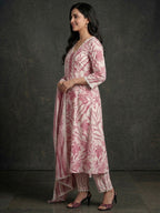 White & Pink Pure Cotton Salwar Suit with Floral Print and Straight Cut with Dupatta