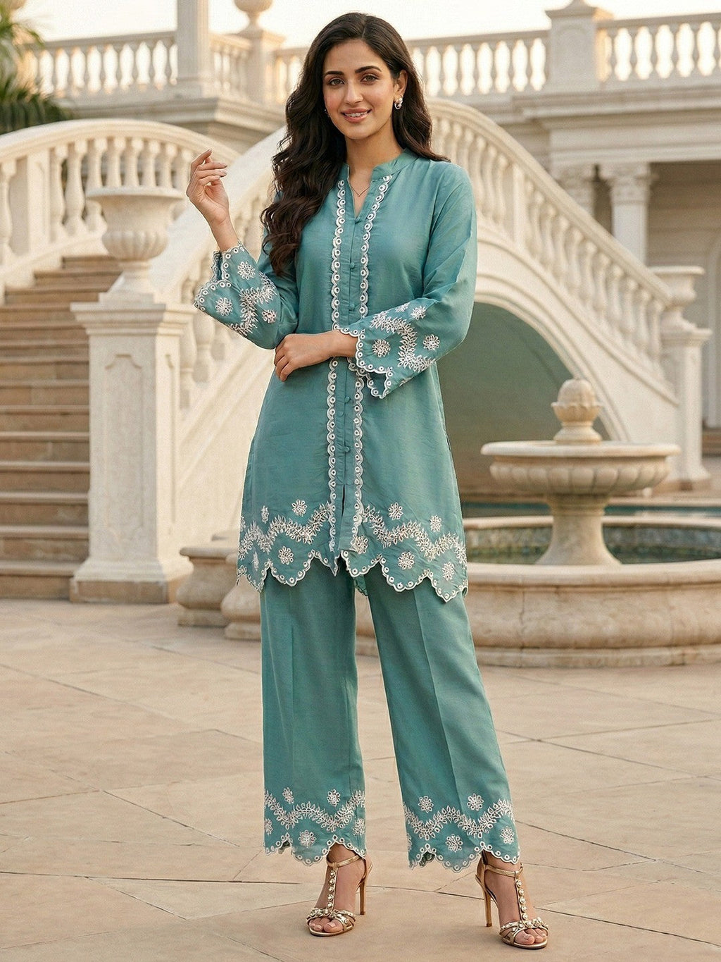 Turquoise Silk Blend Co-Ord Set with Straight Cut Top and Matching Bottom