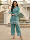 Turquoise Silk Blend Co-Ord Set with Straight Cut Top and Matching Bottom