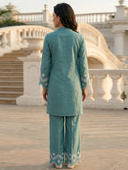 Turquoise Silk Blend Co-Ord Set with Straight Cut Top and Matching Bottom