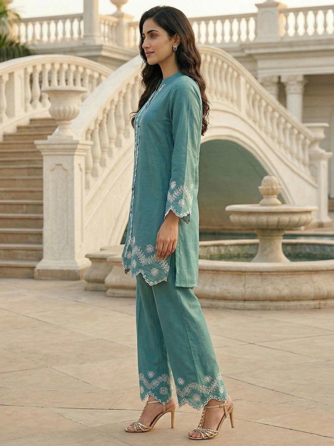 Turquoise Silk Blend Co-Ord Set with Straight Cut Top and Matching Bottom