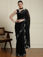 Elegant Black Satin Saree with Delicate Embellished Border