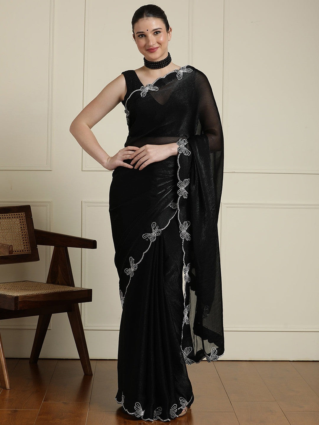 Elegant Black Satin Saree with Delicate Embellished Border