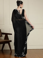 Elegant Black Satin Saree with Delicate Embellished Border