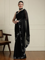 Elegant Black Satin Saree with Delicate Embellished Border