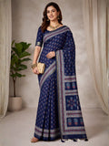 Navy Blue Mulmul Cotton Saree with Ajrakh Prints and Smooth Finish
