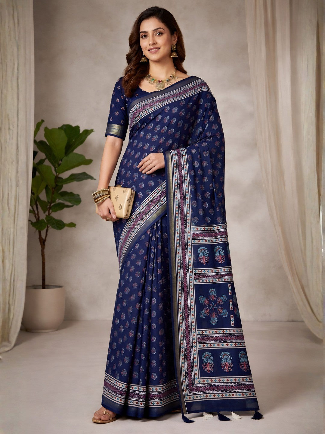 Navy Blue Mulmul Cotton Saree with Ajrakh Prints and Smooth Finish