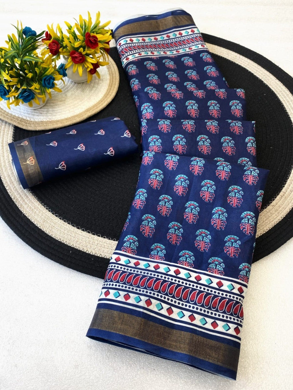 Navy Blue Mulmul Cotton Saree with Ajrakh Prints and Smooth Finish