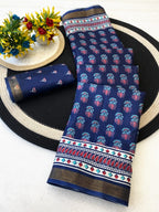 Navy Blue Mulmul Cotton Saree with Ajrakh Prints and Smooth Finish