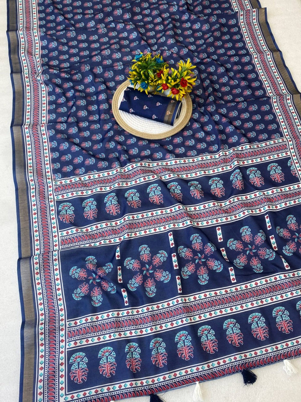 Navy Blue Mulmul Cotton Saree with Ajrakh Prints and Smooth Finish