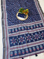 Navy Blue Mulmul Cotton Saree with Ajrakh Prints and Smooth Finish