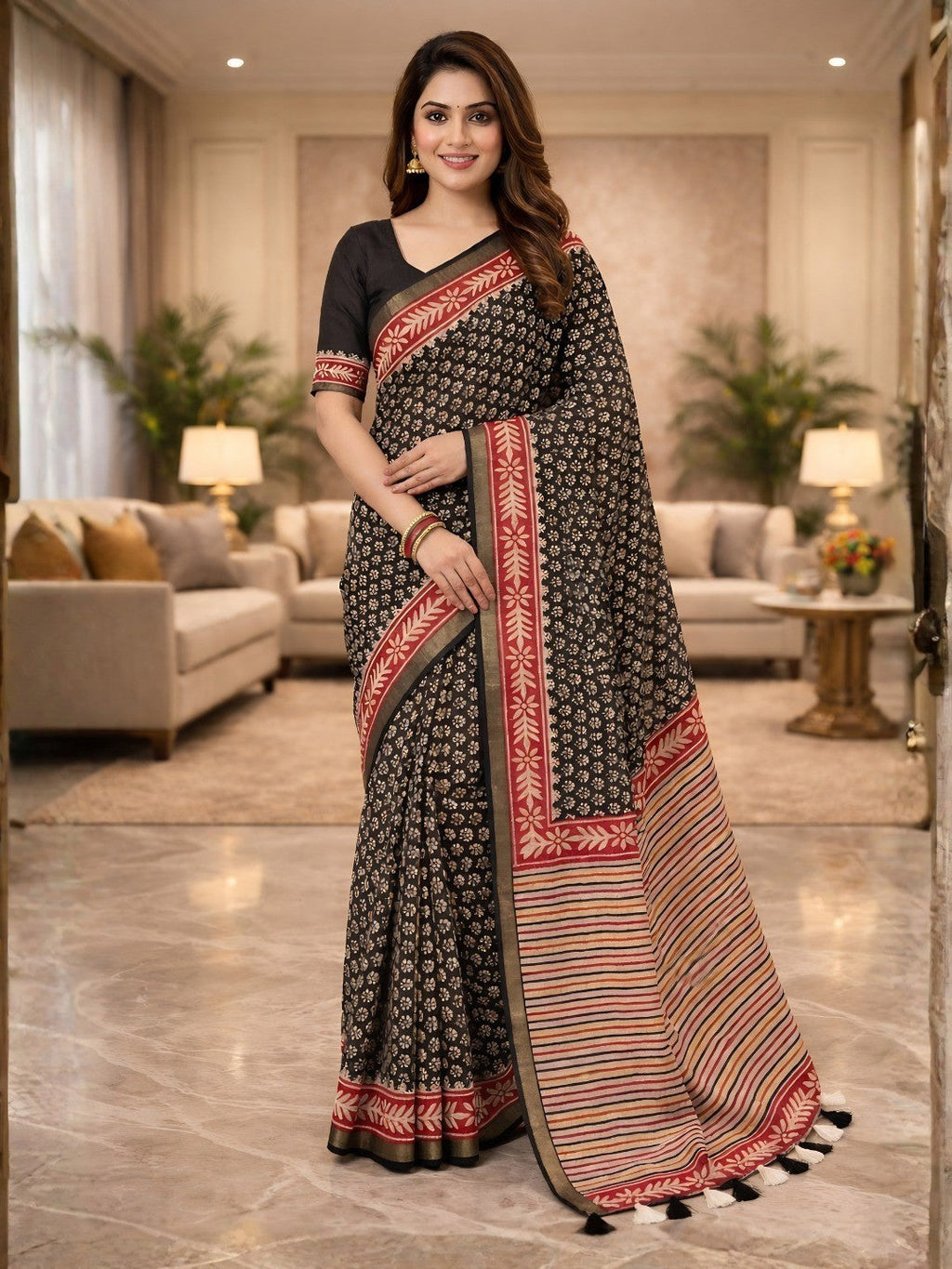 Elegant Black Floral Print Mulmul Cotton Saree with Striped Pallu