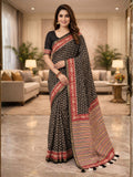 Elegant Black Floral Print Mulmul Cotton Saree with Striped Pallu
