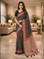 Elegant Black Floral Print Mulmul Cotton Saree with Striped Pallu