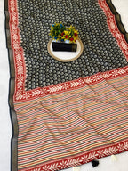 Elegant Black Floral Print Mulmul Cotton Saree with Striped Pallu