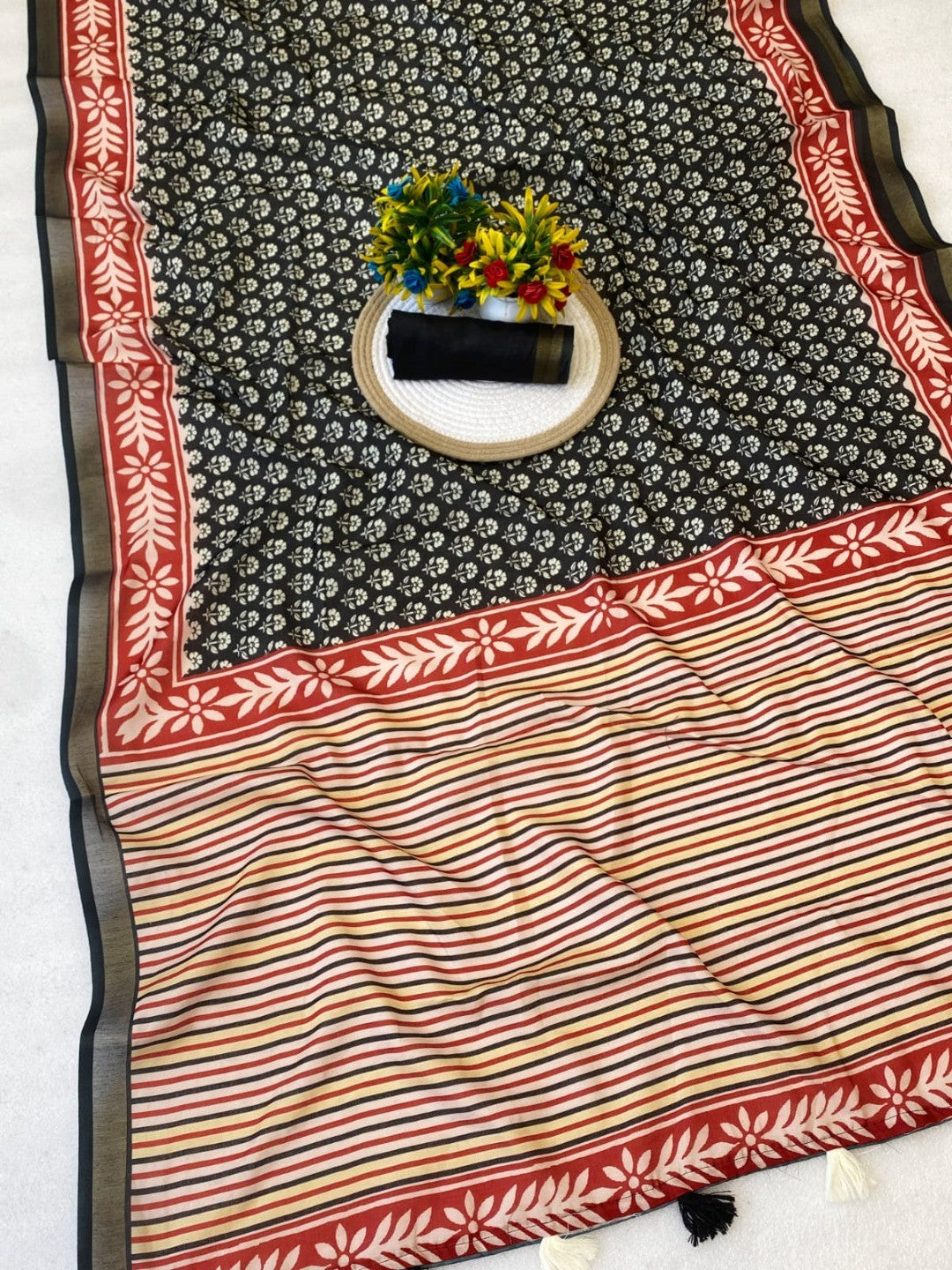 Elegant Black Floral Print Mulmul Cotton Saree with Striped Pallu