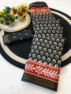 Elegant Black Floral Print Mulmul Cotton Saree with Striped Pallu