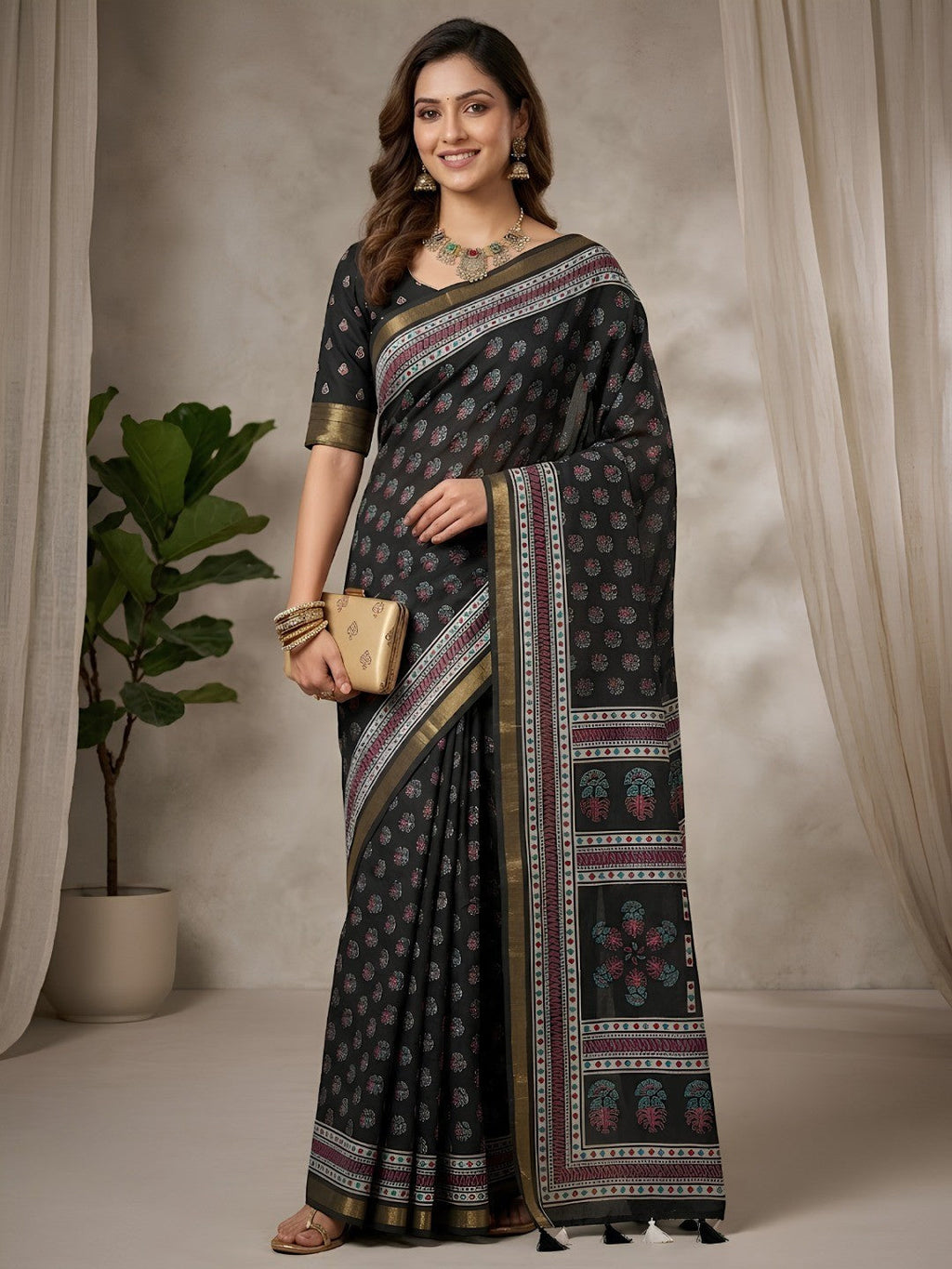 Stylish Black Mulmul Cotton Saree with Subtle Prints and Smooth Finish
