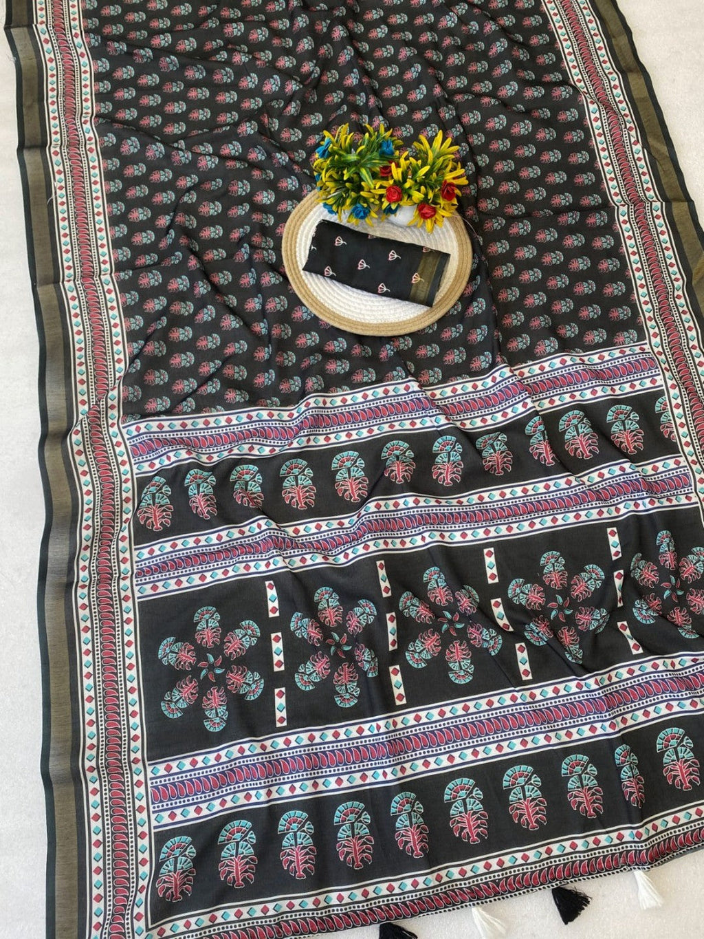 Stylish Black Mulmul Cotton Saree with Subtle Prints and Smooth Finish