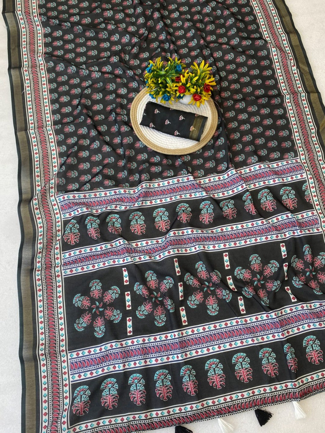 Stylish Black Mulmul Cotton Saree with Subtle Prints and Smooth Finish