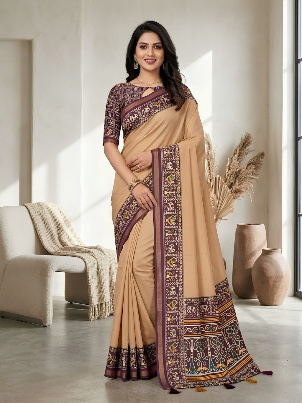 Minimal Chikoo Mulmul Cotton Saree with Subtle Ajrakh Border and Airy Texture