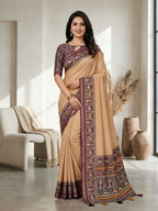 Minimal Chikoo Mulmul Cotton Saree with Subtle Ajrakh Border and Airy Texture