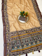 Minimal Chikoo Mulmul Cotton Saree with Subtle Ajrakh Border and Airy Texture