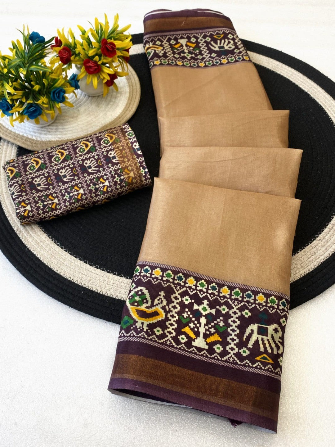 Minimal Chikoo Mulmul Cotton Saree with Subtle Ajrakh Border and Airy Texture