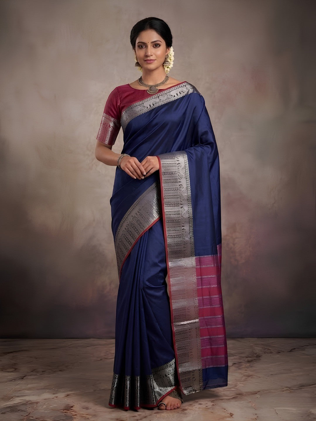 Navy Blue Kanjivaram Silk Saree with Classic Weave and Silver Zari Border