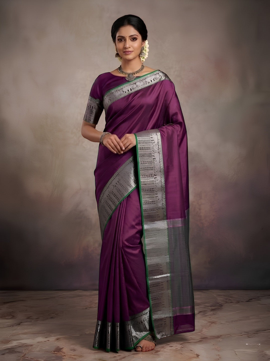 Classic Wine Plain Saree Highlighted With Silver Zari Woven Border Work